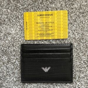 NWT Giorgio Armani Eagle-Embossed Textured Black Leather Card Holder